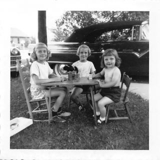 Little Girls Have Tea Party In The Front Yard 1950s Cars Suburbia Vtg Photo 163