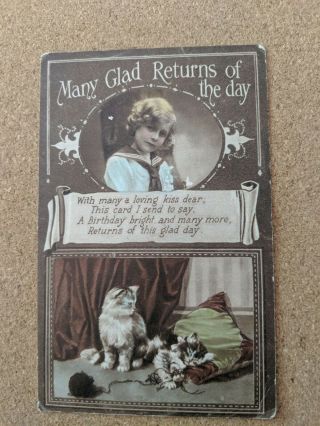 Cat Vintage Postcard.  Birthday.  2 Pictures.  Child.  2 Kittens.  Birthdaybritish.