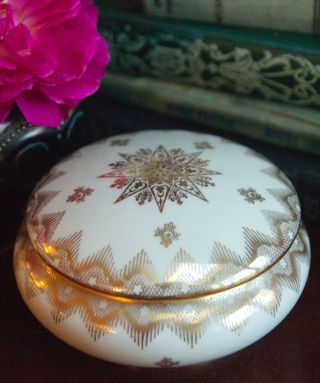 Lec Limoges France Trinket Box Porcelain Round Gold White Star Deco Le Claire 5 "