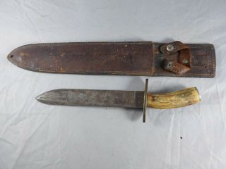 Antique Bowie Knife In Leather Sheath 12 "