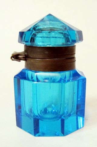 Antique Ice Blue Aqua Cut Glass Inkwell -