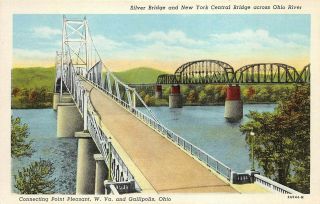 Point Pleasant West Virginia 1940s Postcard Silver Bridge Ohio River Gallipolis