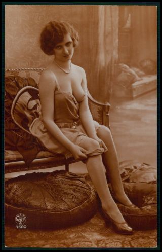 French Nude Woman Stockings Old 1920s Sepia Color Photo Postcard