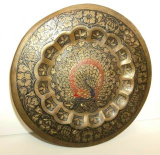 Vtg Brass Peacock Engraved Decorative Metal Plate Wall Hanging Small 5.  75 Inch