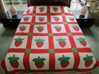 Vintage Densely Hand Quilted & Sewn Cotton Strawberry Applique Quilt; 87 " X 68 "