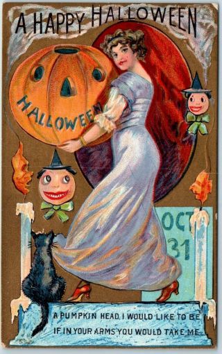 Vintage Winsch Halloween Postcard " A Pumpkin Head I Would Like To Be " C1910s