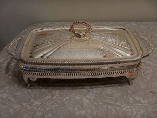 Vintage Silver Plated Chafing Buffet Casserole Dish W/Pyrex Glass Insert & Lid. 2