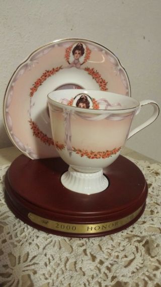 Set Of 13 Honor Society Tea Cup & Saucer Set W/ Wooden Stand Pre - Owned