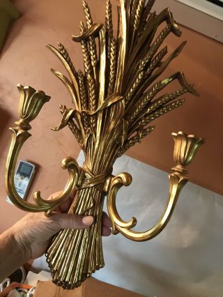 Vintage 23.  75 " By 11.  5 " Gold Toned Candle Sconce With Wheat Motifs,  Dart Ind.