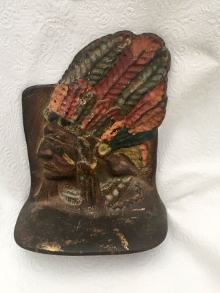 Signed Antique Painted Heavy Bronze Native American Indian Head Dress Bookend