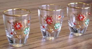 3 Rudesheim - - Rh Shot Glasses Jeweled,  Gold - Rimmed,  Vintage 2 Inches Tall