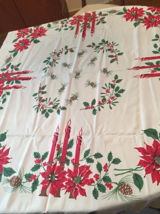 Vintage Christmas Cotton Table Cloth 48”x54” Candle Poinsettia Pine Cone 1950s