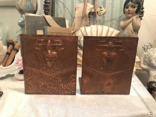 Vtg Arts & Crafts Craftsman Style Hand Hammered Copper Bookends Egyptian Beetle