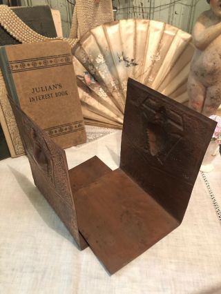 Vtg Arts & Crafts Craftsman Style Hand Hammered Copper Bookends Egyptian Beetle 3