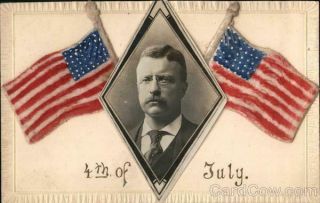 Teddy Roosevelt Rppc 4th Of July.  / Roosevelt Photo Between Two American Flags
