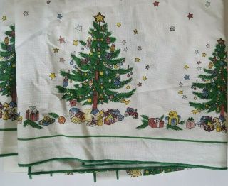 Vintage White Christmas Cotton Table Cloth - Fabric Trees Gifts