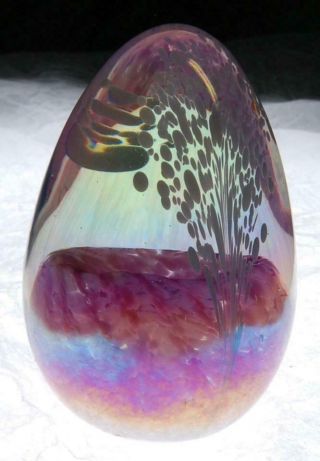 Vintage Iridescent Egg Shaped Oval Pink Glass Paperweight Signed Mih 85