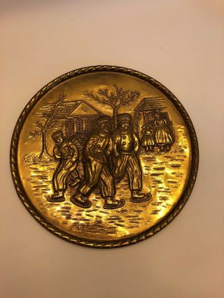Vintage Brass Wall Plate Ice Skating Scene Made In England