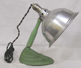 Vintage 1930s Utility Lamp On Iron Base Green Wood Handle Tin Shade