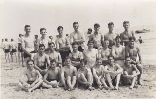 Old Photo Group Handsome Young Men Beach Swimwear Muscles Possibly Military F2