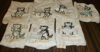 Vintage Tea Towels Days Of The Week Embroidered Cross Stitch Black Cats (7)