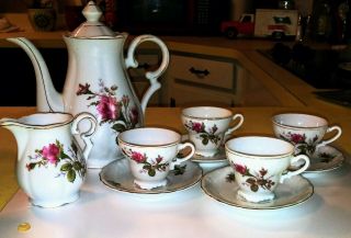 Vintage Moss Rose Japan Tea Set 4 Cups/saucers Teapot Creamer,  2 Extra Saucers