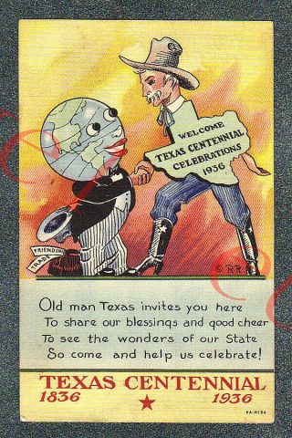 Texas Centennial Old Man Invites The World - Circa 1936 Linen Postcard Grade 4