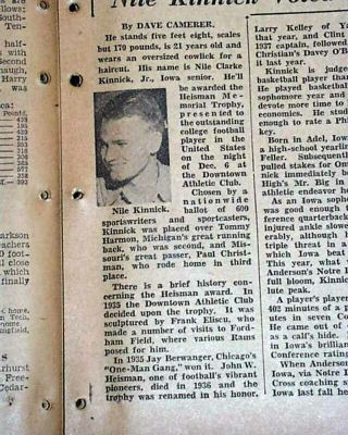 NILE KINNICK Iowa Hawkeyes College Football WINS HEISMAN TROPHY 1939 Newspaper 2