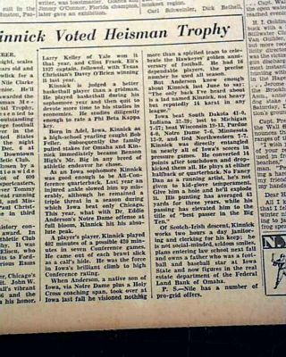 NILE KINNICK Iowa Hawkeyes College Football WINS HEISMAN TROPHY 1939 Newspaper 3