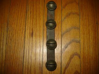 4 Antique No.  2 Brass Sleigh Bells With Leather Strap