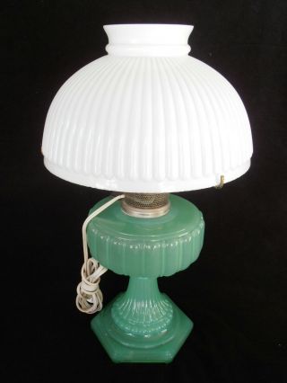 Vtg Green Jadeite Glass Oil Kerosene Electric Table Lamp White Shade 18” Tall