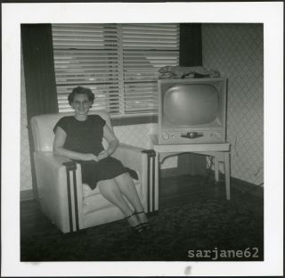 Woman Next To Television Set In Mid Century Interior Vintage Tv Photo