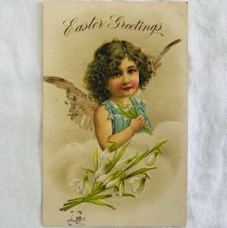 Antique Embossed Victorian Easter Postcard - Angel Cherub With Lilies