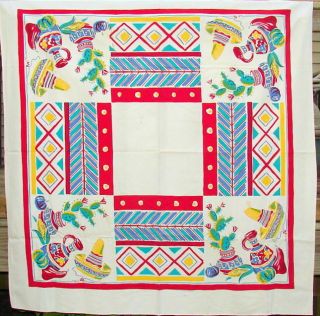 Vintage Tablecloth Yellow/red/blue/green South Of The Border Theme 49 " X 51 "