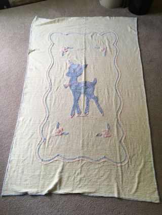 Vtg Chenille Bedspread Crib Baby Blanket Yellow Blue Deer Pink 63x40 Penneys