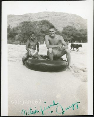 Handsome Shirtless Sailor Man In Swimsuit With Local Boy At Beach Vintage Photo