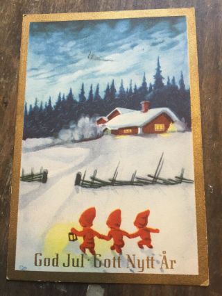 Mini Swedish Vintage Postcard Christmas Elves Gnomes Children Scandinavian