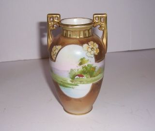 Vintage Nippon Hand Painted Vase Urn Shape Cottage Scene On Water