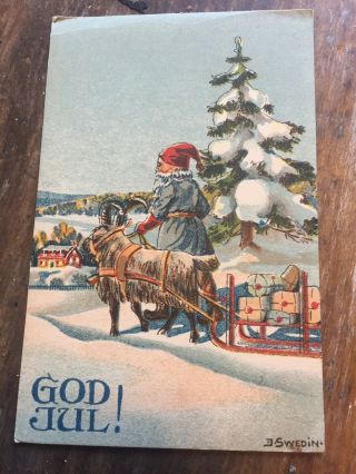 Vintage Swedish Mini Postcard Gnome Goat Slightly Christmas God Jul Sled