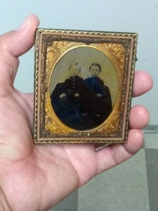 Antique Ambrotype Tintype Photo Brothers In Union Soldier Uniforms