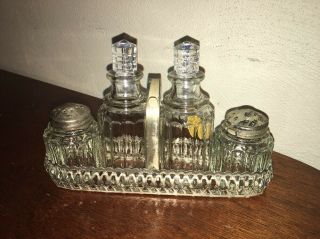 Vintage Salt And Pepper Shakers With 2 Cruets (822) And Stand England