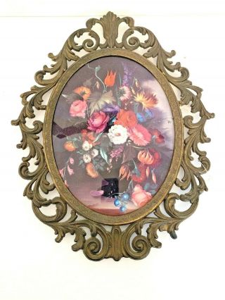 Vintage Made In Italy Convex Bubble Glass Metal Frame Floral Picture A 14 " H X 10