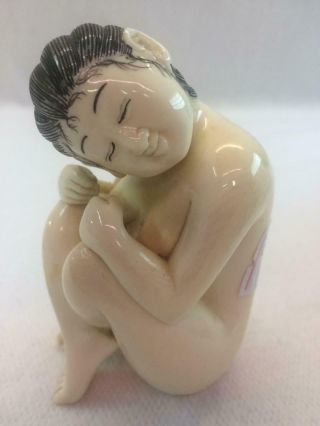 Oriental Japanese Erotica Netsuke Ivory Colored Bone Nude Female Girl Figurine