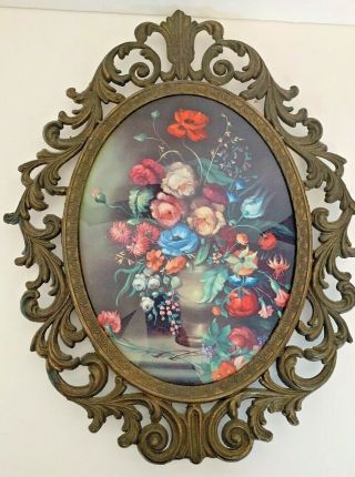 Vintage Made In Italy Convex Bubble Glass Metal Frame Floral Picture 14 " H X 10 1