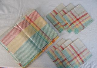 Linen Vintage Tablecloth & 6 Napkins 51 " X 53 " Red,  Green,  Yellow Irish?
