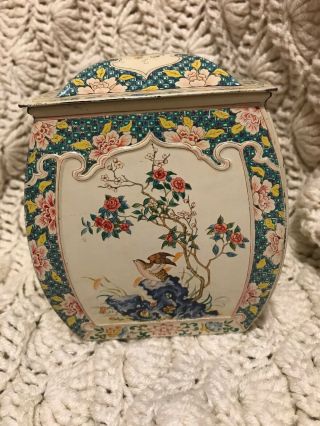 Vintage Decorative Embossed Metal Tin Container Floral Birds Made In Holland