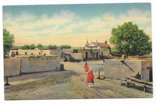 Vintage Mexico Linen Postcard Isleta Indian Pueblo Old Church In Distance