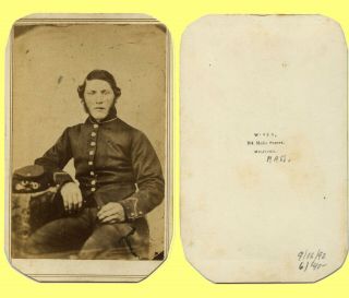 1860s Cdv,  Milford Ma Civil War Era Military Soldier Officer,  Kepi On Table