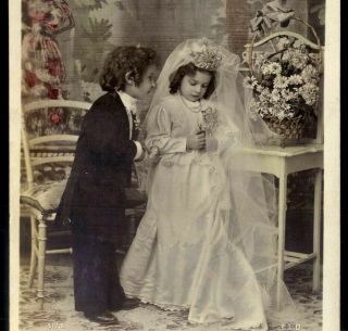 Edwardian Children As Bride And Groom Wedding Dress.  Old Photo Postcard France