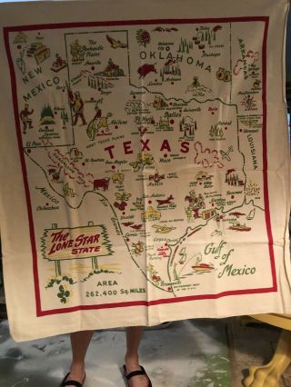 Vintage 1950s Texas Souvenir Cotton Square Tablecloth Lone Star State